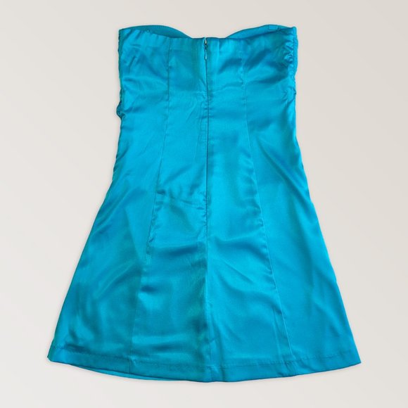 Blue Strapless Satin Mini Dress, Prom Party Night Dress - Picture 4 of 7